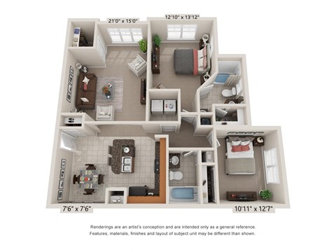 Floor plan for 2 beds, 2 baths, 1277 sqft